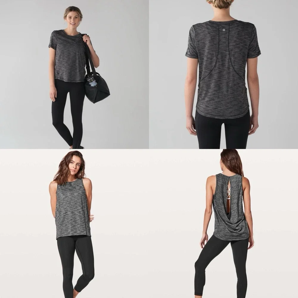 2PC- Lululemon 10 Long Distance Short Sleeve +Low Key Tank SilverHeathered Black